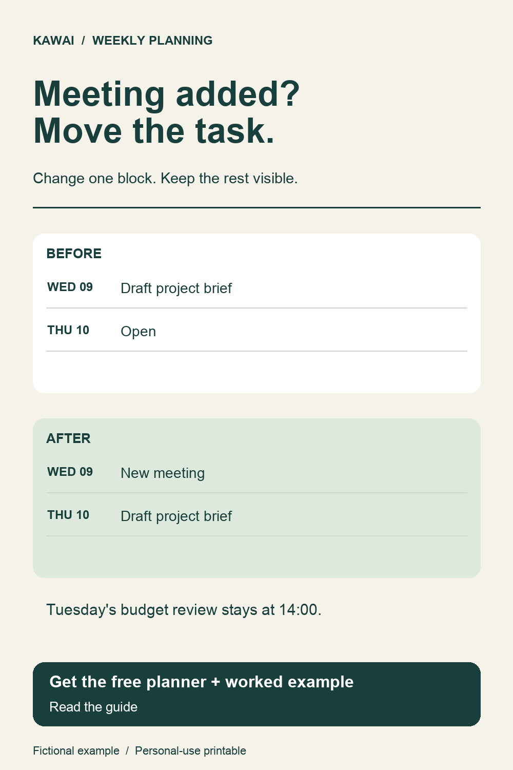 A fictional schedule showing a brief draft moved from Wednesday to Thursday.