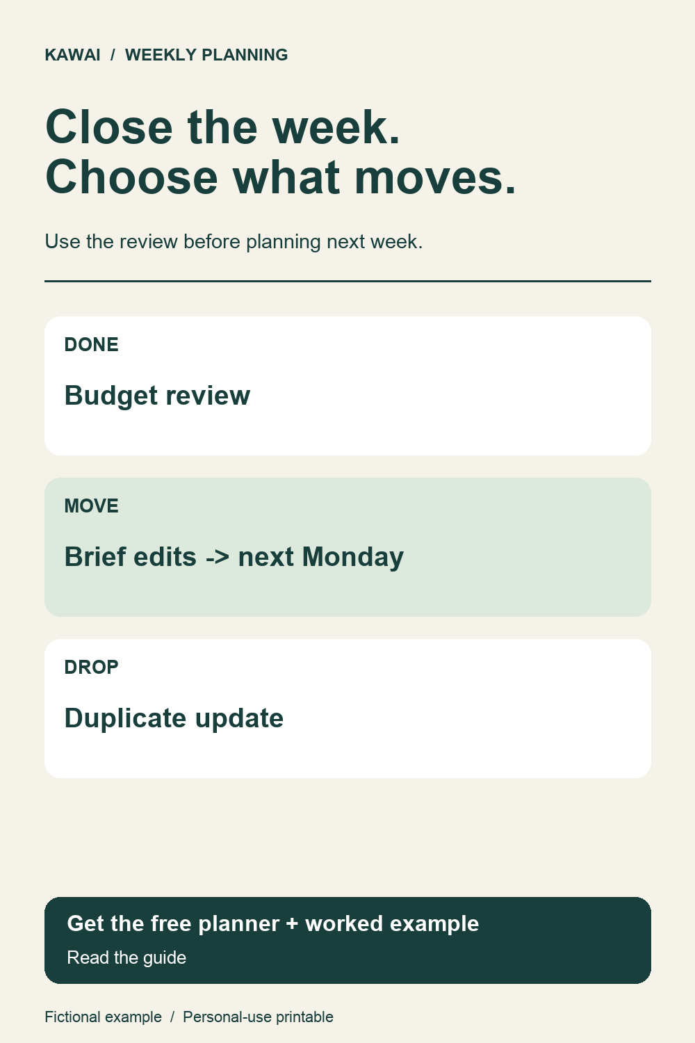 Done, move and drop examples for a weekly review.